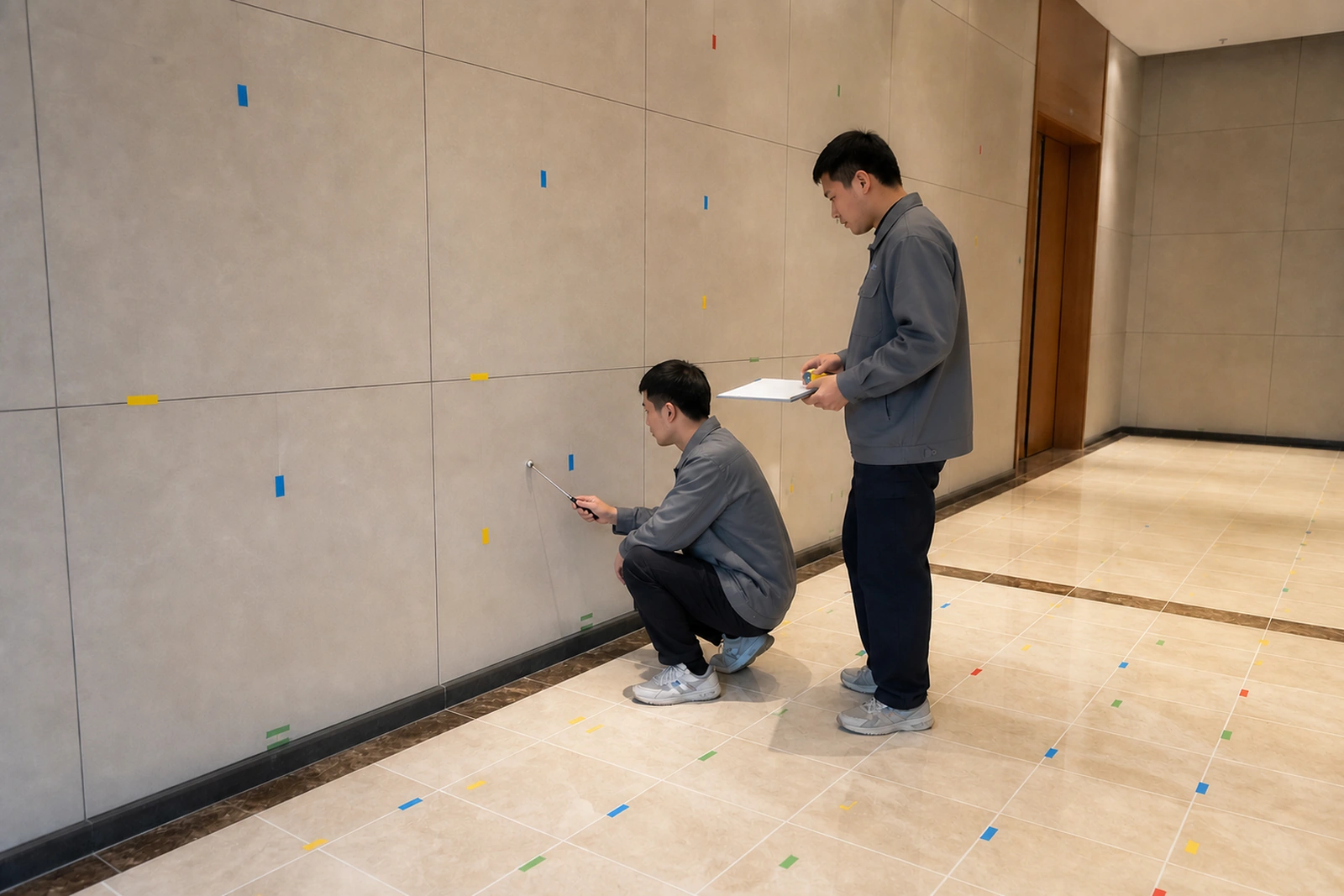 技术人员按不同区域标记检查连续墙地砖并核对记录