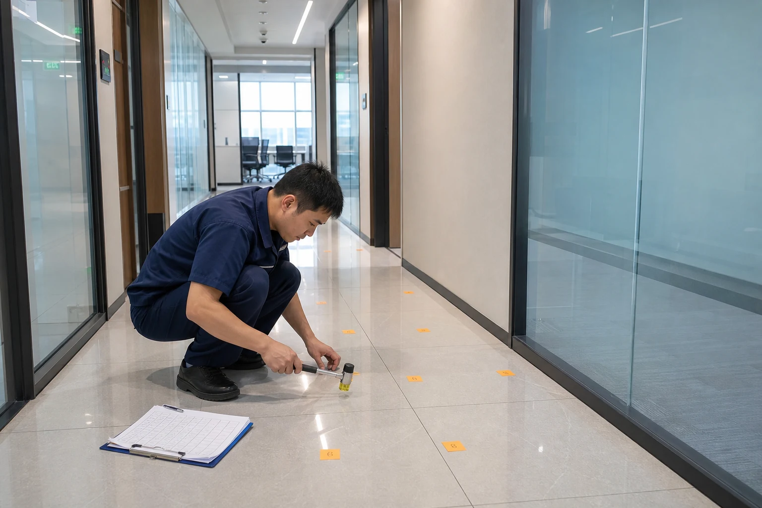 技术人员在商业空间对地面瓷砖进行网格化排查