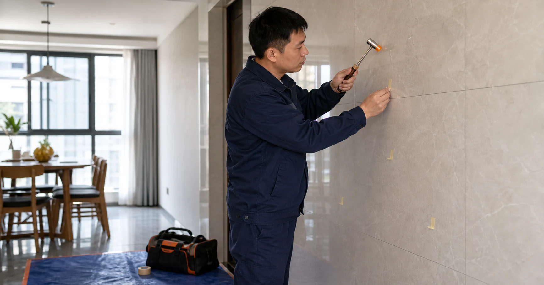 技术人员在住宅中检查墙面瓷砖空鼓