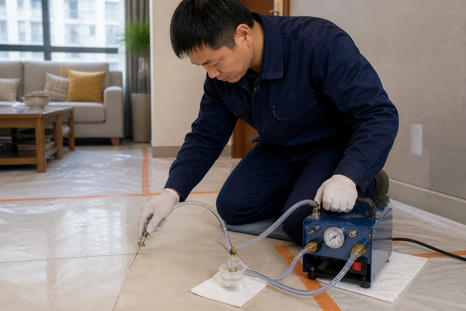 施工人员使用低压设备缓慢注浆并观察相邻排气点