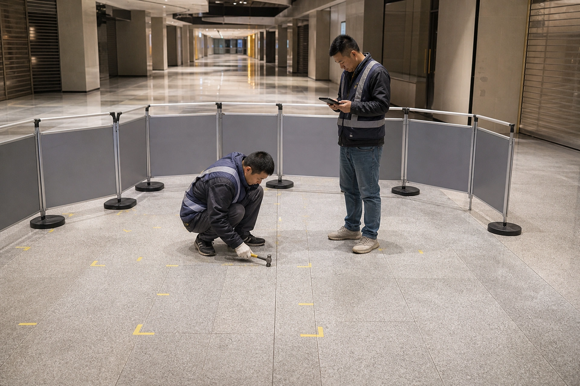 技术人员在商业走廊错峰分区检测地砖并记录问题位置