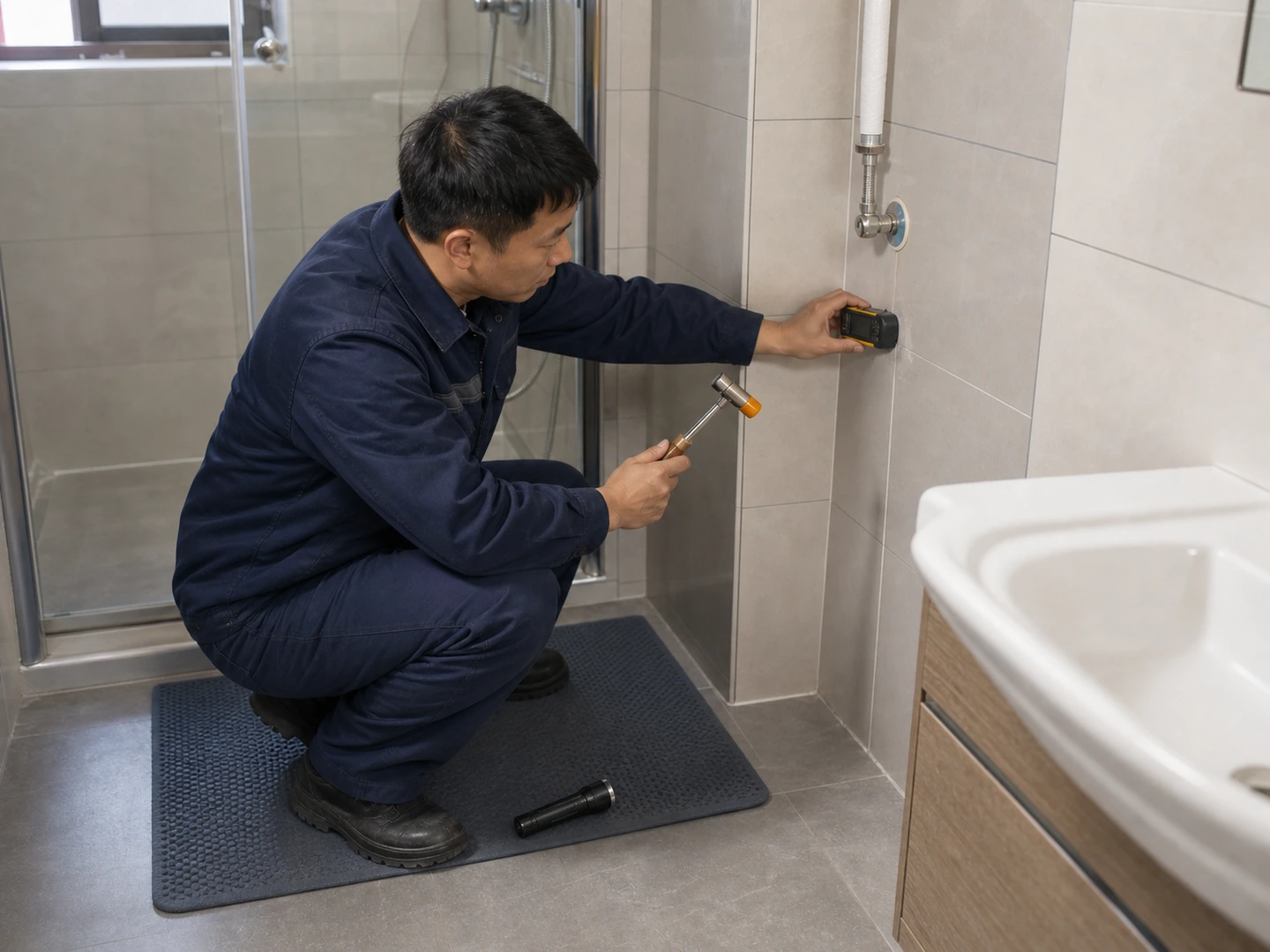 技术人员在卫生间检查墙砖空鼓并使用湿度仪排查含水关联