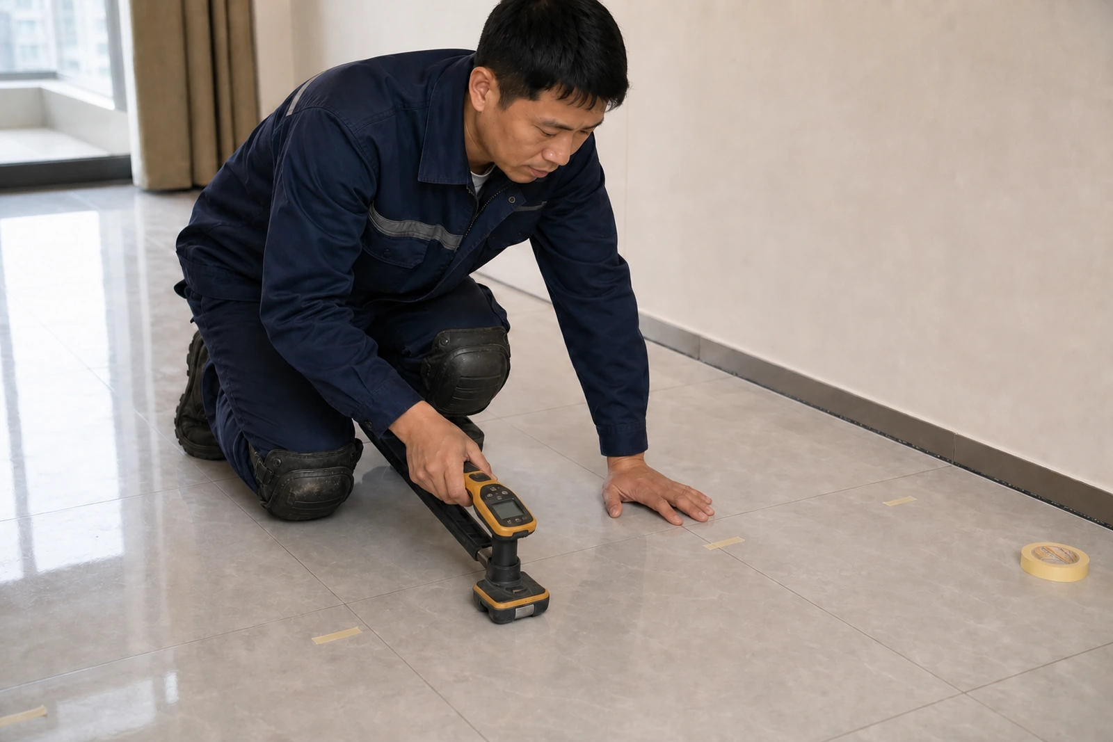 技术人员使用管线探测设备确认地暖区域走向并标记安全点位