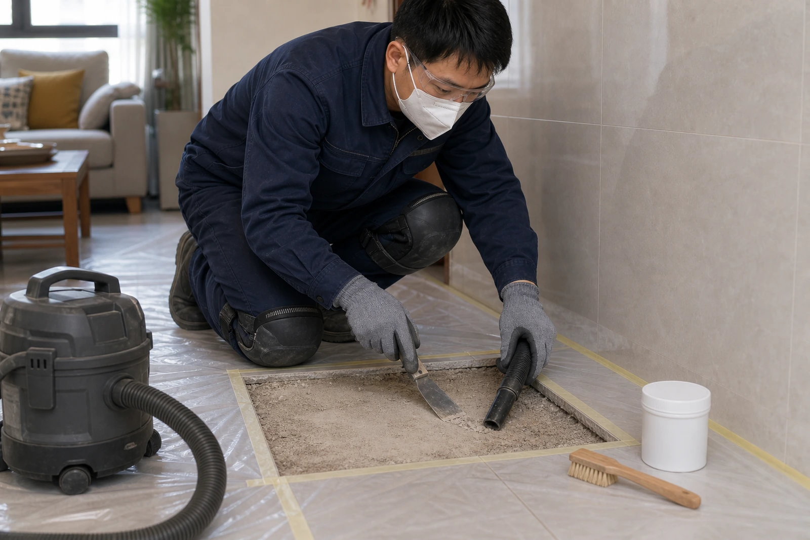 施工人员在局部拆修区清理粉化基层并同步吸尘