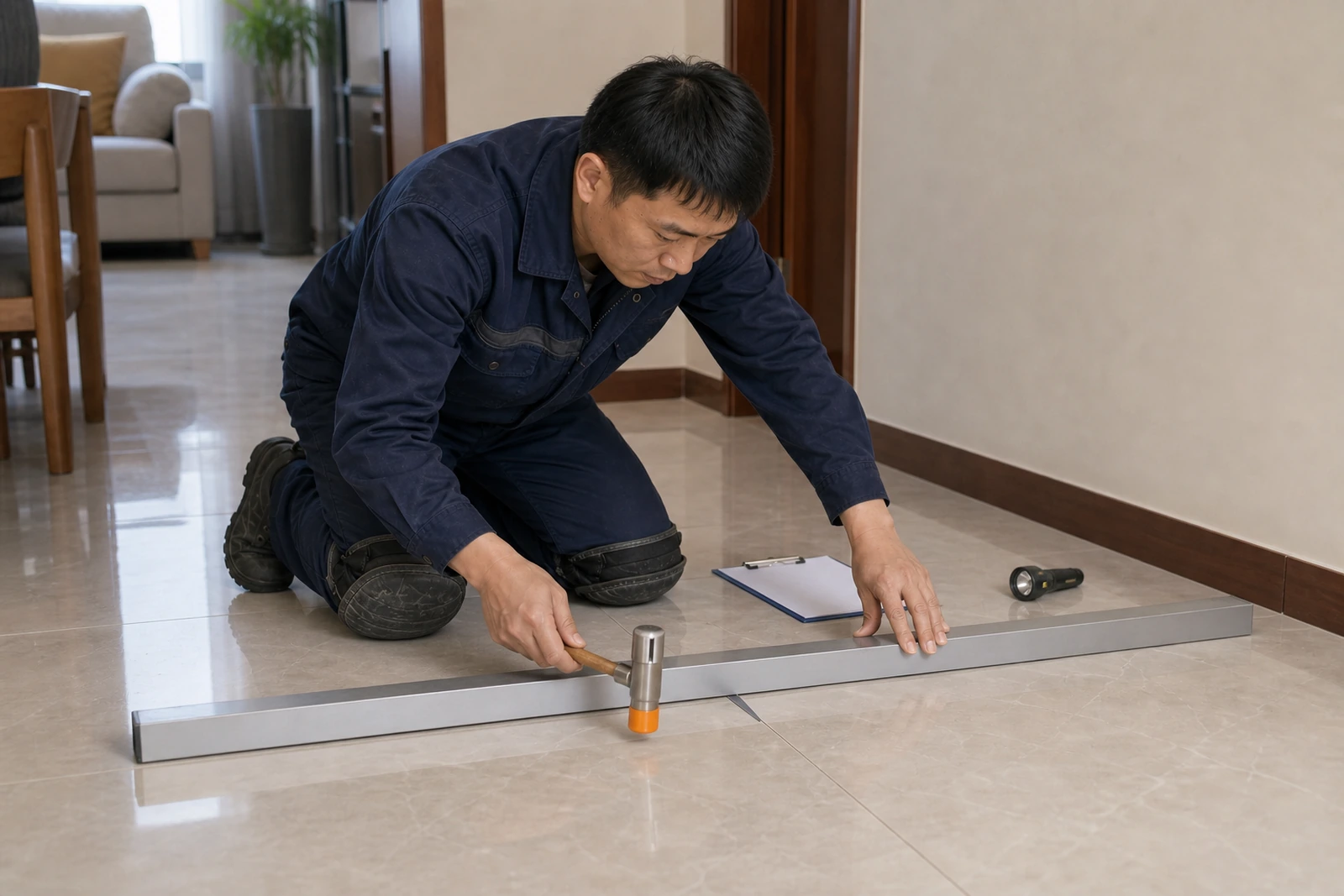 技术人员使用靠尺、塞尺和空鼓锤进行施工后综合复检
